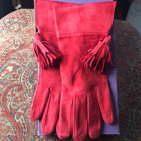 Vintage Paloma Picasso Red Suede Gloves Tassles! - Picture 1 of 8